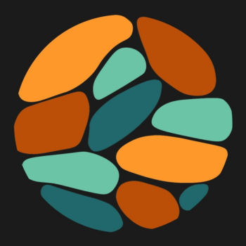 Abstract circular logo made of irregular, pebble-like shapes in orange, rust, teal, and aqua on a black background.